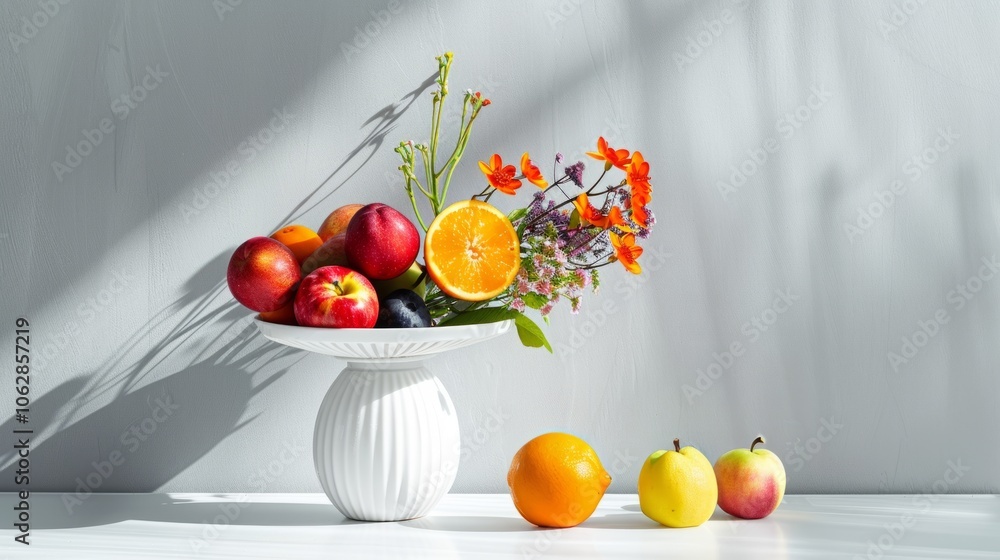 Poster clean lines and minimalist styling characterize this spring fruit arrangement