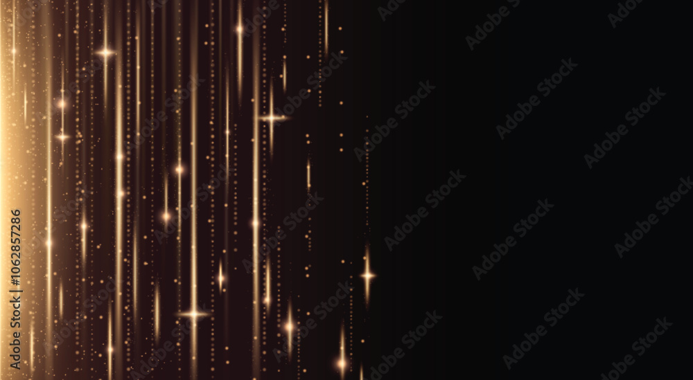 Poster abstract gold vertical flare line with glow effect background. magic particle burst with light beam 