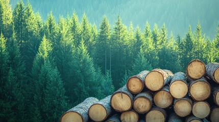A logging scene showing stacked fir and spruce logs in front of a dense forest in the Pacific Northwest, captured from a distance.