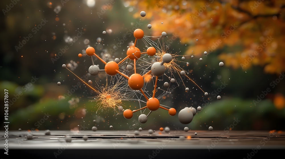 Poster graceful and captivating molecular model with wispy filamentous tendrils interlocking geometric form