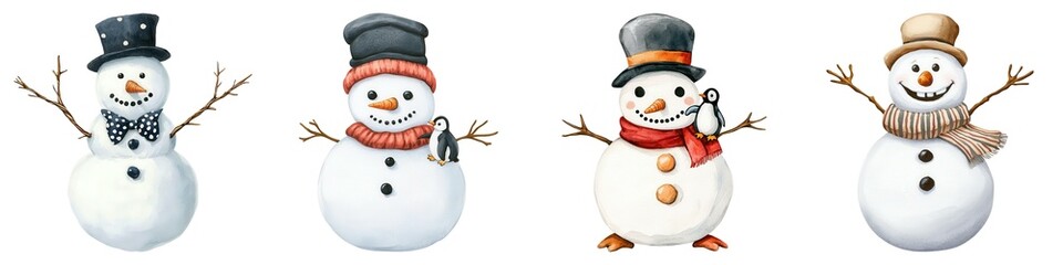 Watercolor A cheerful collection of four snowmen wearing different hats and scarves, each displaying a unique personality. Perfect for holiday themes and winter decorations.