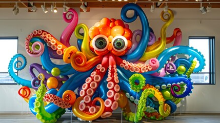 Colorful display of balloons arranged in the shape of a playful octopus