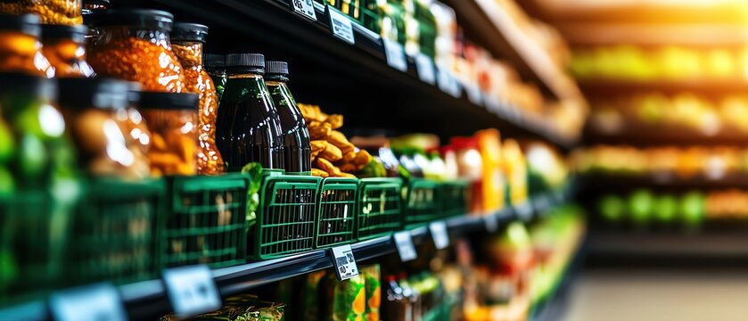 Organized shelves of organic foods and snacks, bright and clean, organic food aisle, modern supermarket