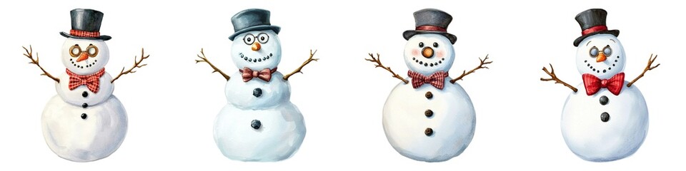 Watercolor Charming snowmen with hats and bow ties, showcasing festive winter spirit. Perfect for holiday themes and seasonal imagery, evoking joy and cheer in snowy landscapes.