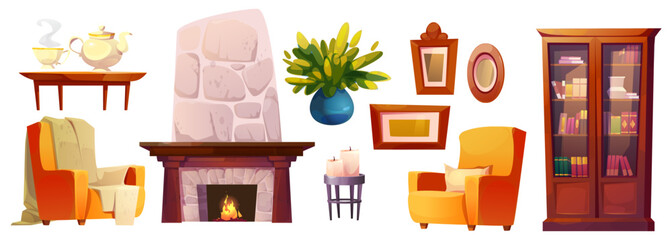 Cozy living room set with stone fireplace, comfy armchairs, wooden bookcase filled with literature. Coffee table holds teapot and cups. Candles on stand and decorative frames, green plant in blue vase © klyaksun