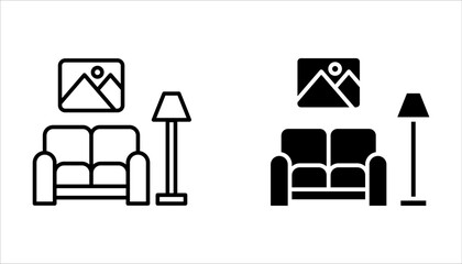 Apartment interior pixel perfect linear icon set. Living room furniture on white background