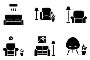 Apartment interior pixel perfect linear icon set. Living room furniture on white background