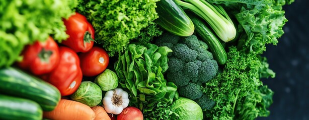 Top view of vegetables and fruits neatly arranged in a supermarket display, colorful and inviting, produce display, fresh food selection