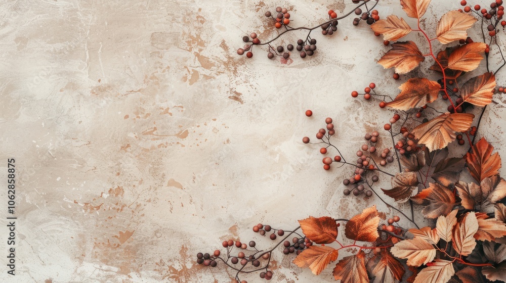 Poster copy space adorned with a bouquet of autumn leaves and berries, adding a touch of rustic charm to se