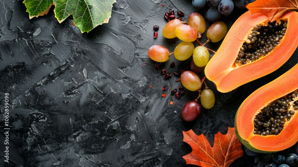 Poster copy space adorned with a close-up of ripe papaya slices and grapes, inviting viewers to indulge in 