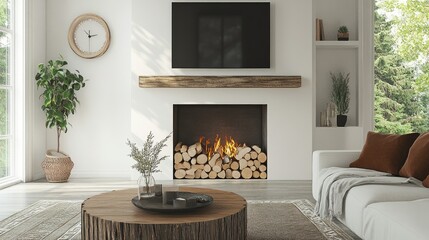 A modern fireplace design featuring stacked firewood beneath a clean, minimalist mantel, creating a cozy yet chic aesthetic.