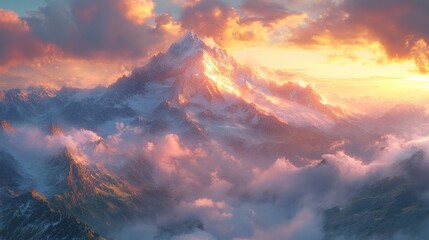 Fototapeta premium Majestic mountain landscape at sunset with clouds and vibrant colors.