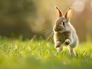 Fototapeta premium A cute bunny hops freely through a lush green field in a raw, artistic style.