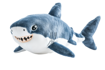 Soft plush shark toy isolated on transparent background for children.