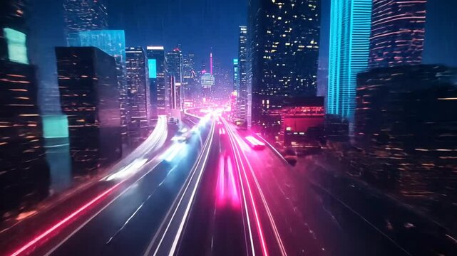 Aerial timelapse capturing neon-lit highway with motion trails through futuristic cityscape. Urban and technology concept