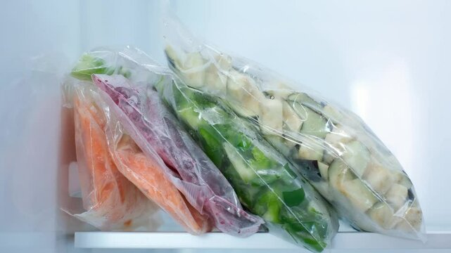 Hand putting bag of sliced eggplants in refrigerator, food storage concept.