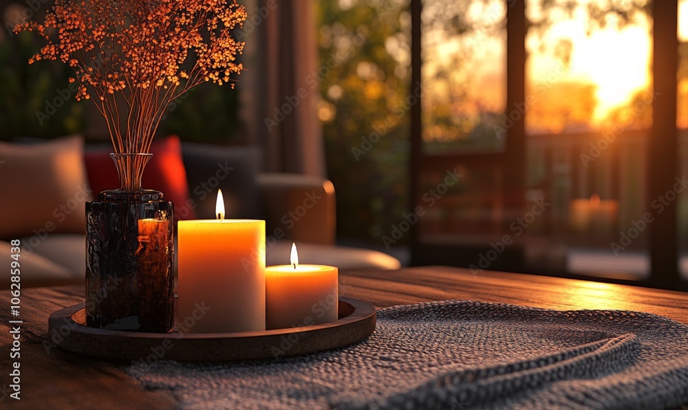 Poster serene candle glow illuminating a tranquil space, creating a warm and inviting atmosphere perfect fo