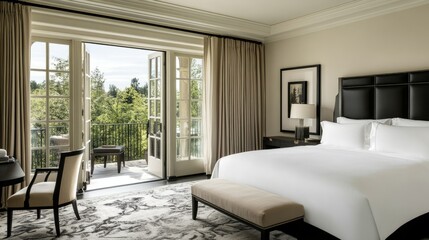 A modern luxury bedroom with a king-sized bed and French doors opening to a terrace, creating a serene, elegant space.