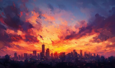 Fototapeta premium Serene sunrise over a city skyline, with vibrant clouds glowing in warm hues, creating a tranquil atmosphere