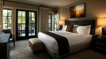 A modern luxury bedroom with a king-sized bed, French doors, and a terrace, blending elegance and comfort.