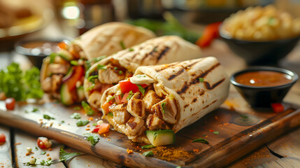 Delicious shawarma served on wooden board on table in café. Grilled pita wrapping chicken meat and fresh vegetables with sauce