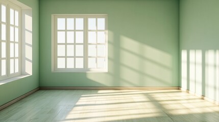A minimalist room with green walls and sunlight casting shadows through large windows.