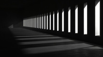 A minimalist interior with elongated shadows and light streaming through vertical windows.