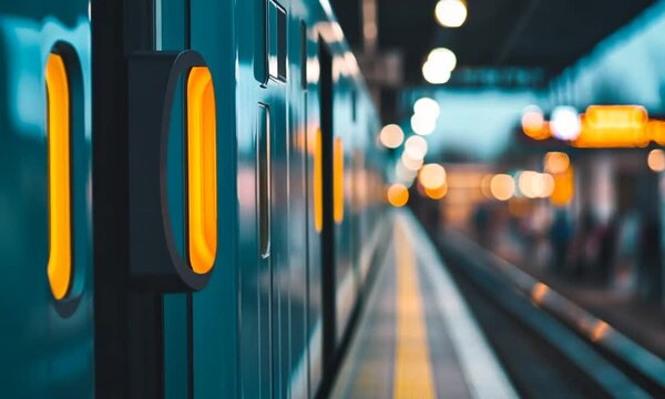Train station scene with illuminated signal and blurred background.