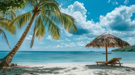 A beach with a palm tree and a beach umbrella. The umbrella is on a wooden bench