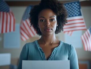 A young woman of color stands in front of American flags, holding a blank sign.