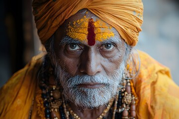 Portrait of an elderly hindu sadhu in traditional orange garb and religious face paint