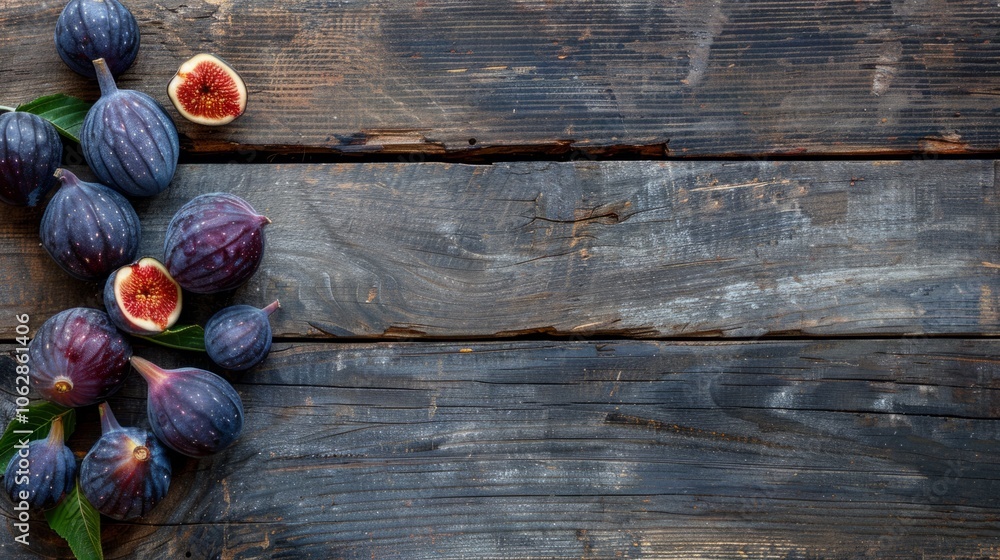 Poster copy space with a cluster of ripe figs and dates on a rustic wooden table, symbolizing the abundance