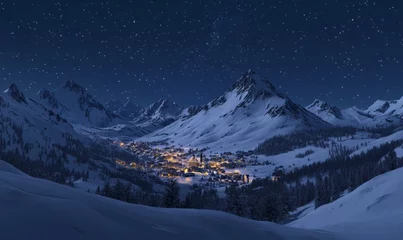 Fotobehang Snow-covered mountains with distant, glowing town under a clear, star-filled sky, with the peaks reflecting the faint light of the town © Александр Михайлюк
