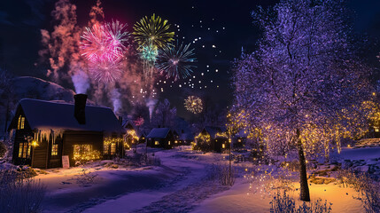A snowy landscape with a path leading to a row of houses