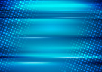 Bright blue glowing stripes and halftone dots abstract background. Geometric concept vector design