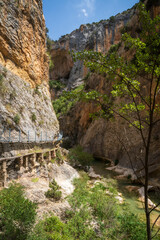 Pasarelas del Vero, walkways and footbridges along a scenic gorge with turquoise water in...