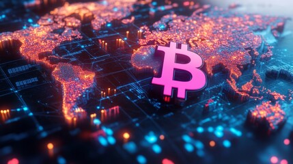 Global Cryptocurrency Network with Bitcoin Symbol and World Map