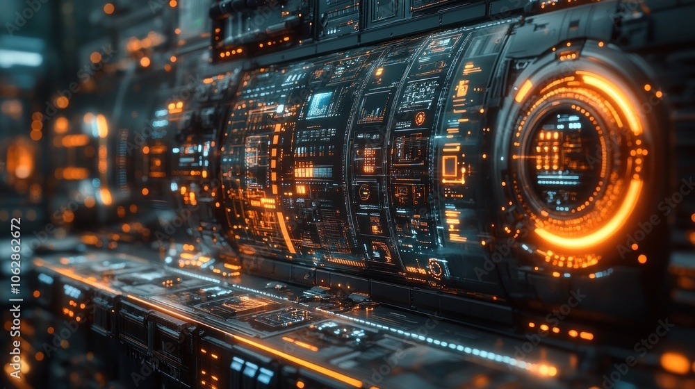 Poster futuristic interface with glowing elements and intricate details.