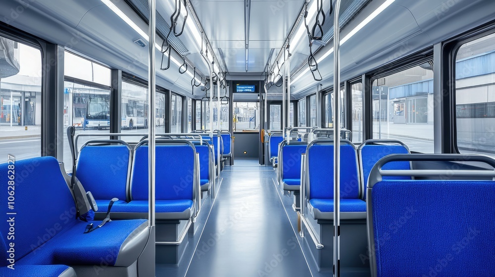 Poster a public bus interior with empty blue seats, shot from the front, with handrails and a wide aisle, e