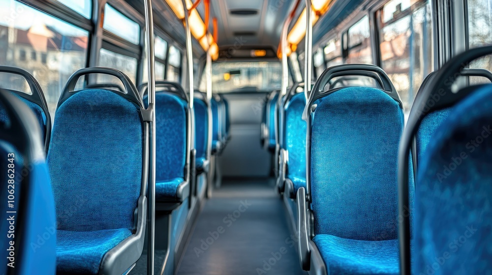 Poster a public bus interior with empty blue seats, shot from the front, with handrails and a wide aisle, e