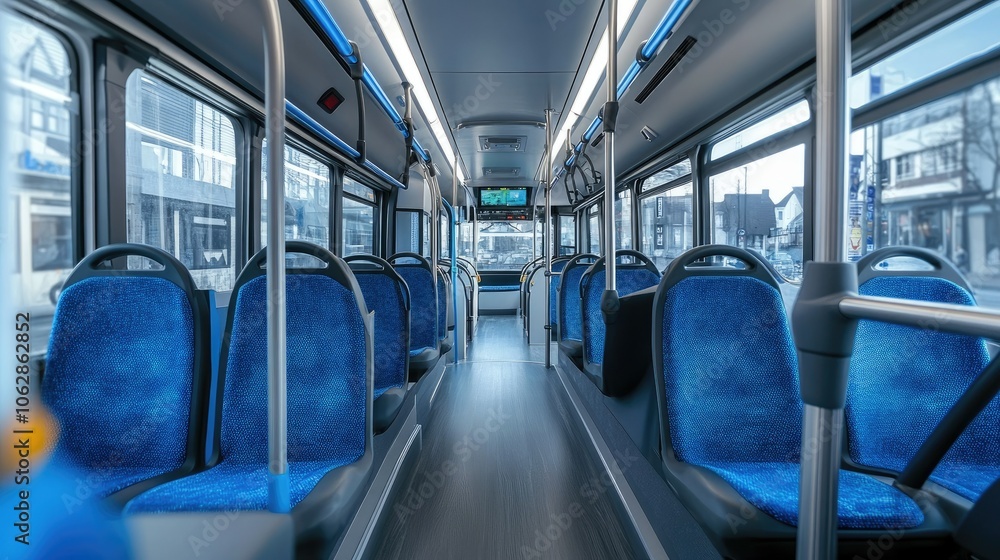 Poster a public bus interior with empty blue seats, shot from the front, with handrails and a wide aisle, e