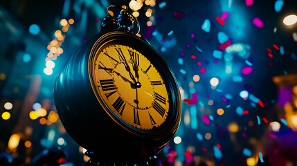 A stunning New Year's countdown clock in a vibrant city square, surrounded by cheering crowds and festive decorations.