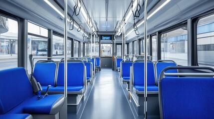 A public bus interior with empty blue seats, shot from the front, with handrails and a wide aisle, emphasizing the cleanliness and modern design.