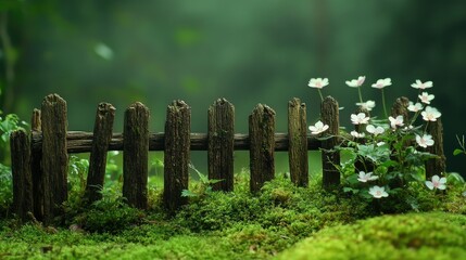Naklejka premium A quiet, natural setting with a rustic fence, delicate flowers growing at its base, and moss covering the ground, creating a serene atmosphere.