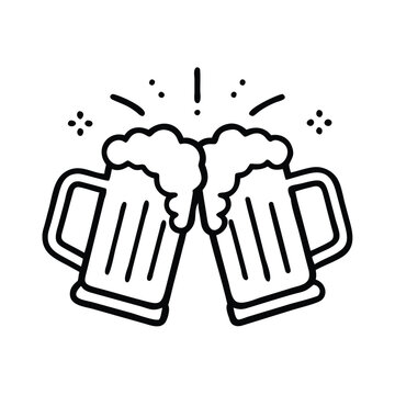recommend clip art: Beer mugs clinking outline icon, Black and white outline icon of two beer mugs clinking with foam spilling over, representing celebration or cheers, isolated on white.
