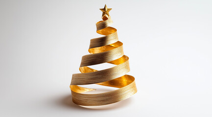 Golden ribbon in the shape of a Christmas tree on a white background close up, created with Generative AI technology