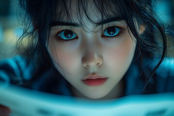Captivating stare of a woman reading in soft ambient light