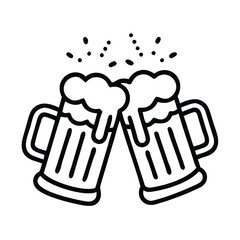 Beer mugs clinking outline icon, Black and white outline icon of two beer mugs clinking with foam spilling over, representing celebration or cheers, isolated on white.