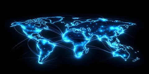  The world map is a collection of information light rays displayed with holographic technology, finance, logistics, technology, trade, background, wallpaper