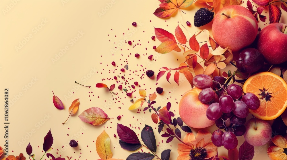 Poster dynamic layout design with asymmetrical compositions of autumn fruits and foliage, for a sense of mo